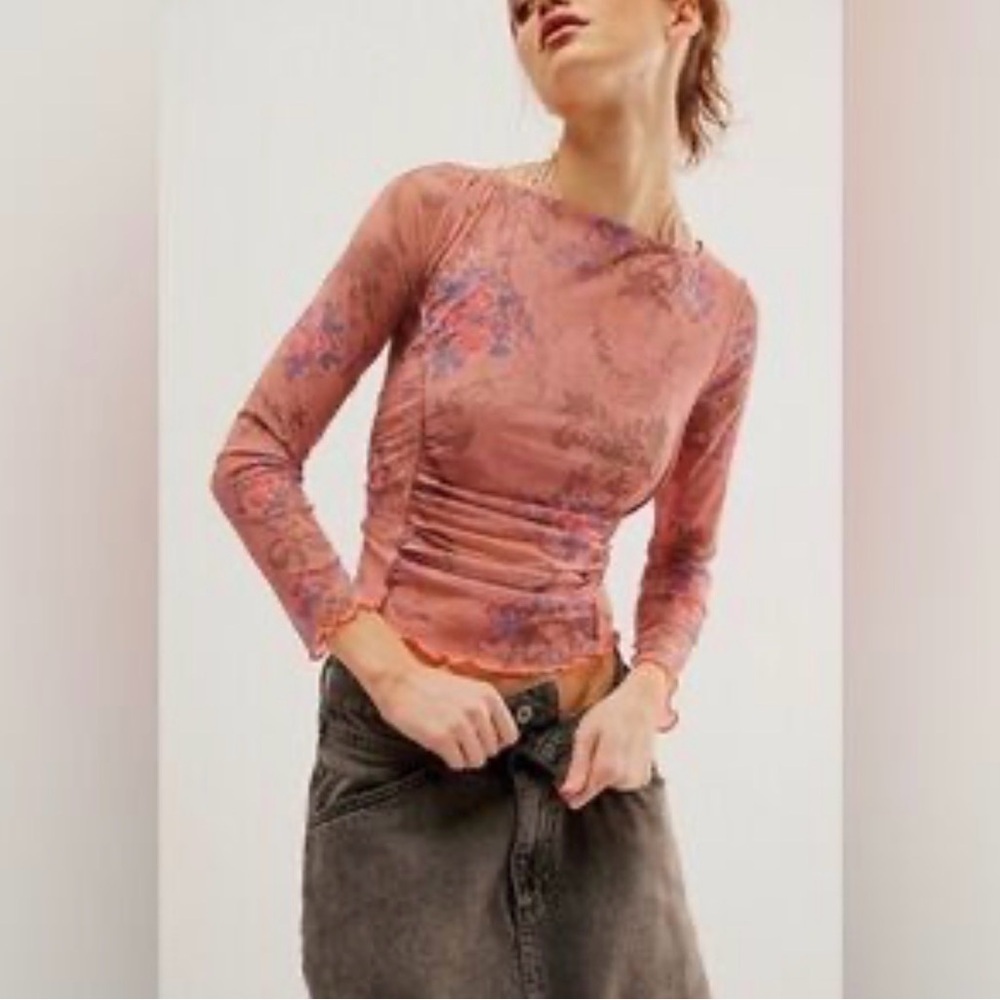 Floral pink mesh y2k style runched tie back open back long sleeve top